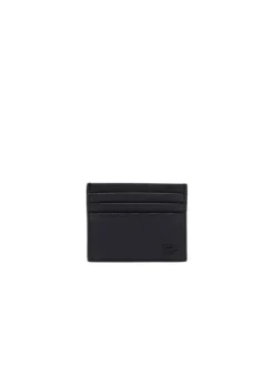 Porte-cartes en cuir grainé noir uni avec crocodile ton sur ton à l'avant