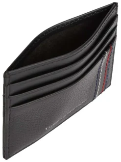 Porte-cartes en cuir noir aspect grainé pourvu du nom de la marque