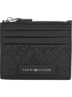 Porte-cartes noir uni en cuir avec une fermeture zippée et nom iconique