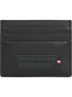 Porte-cartes noir uni en cuir avec logo iconique sur le devant et compartiments