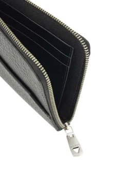 Porte-cartes zippé en cuir grainé noir uni avec le logo à l'avant