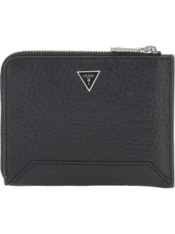 Porte-cartes zippé en cuir grainé noir uni avec le logo à l'avant