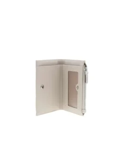 Porte-cartes beige uni avec une fermeture zippée et un bouton-pression