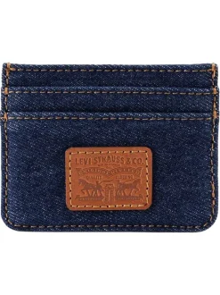 Porte-cartes en coton marine pourvu d'un patch embossé au nom de la marque