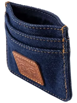Porte-cartes en coton marine pourvu d'un patch embossé au nom de la marque