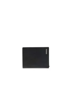 Portefeuille en cuir de chèvre noir uni avec 1 poche zippée et logo en métal