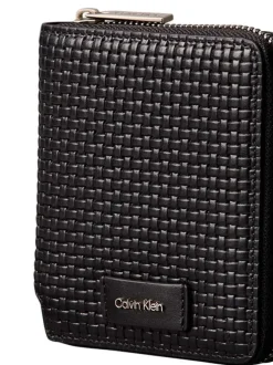 Portefeuille en cuir noir uni avec maille tressée et rangements