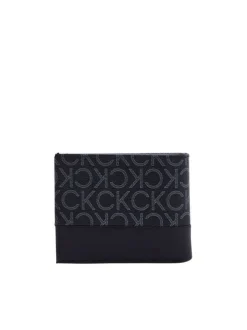 Portefeuille noir grainé avec monogramme imprimé en gris clair