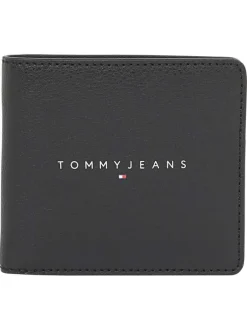 Portefeuille noir uni avec le nom de la marque à l'avant et compartiments