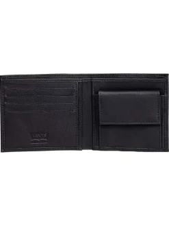 Portefeuille noir uni en cuir avec logos de la marques et multiples rangements