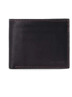Portefeuille Rio en cuir uni noir avec nom de la marque embossé