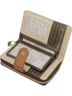 Portefeuille beige avec des imprimés et une fermeture à zip