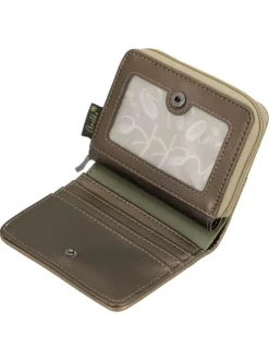 Portefeuille beige avec des imprimés et une fermeture à zip