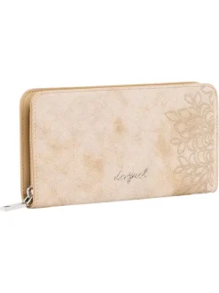 Portefeuille beige avec des motifs floraux et une fermeture à zip