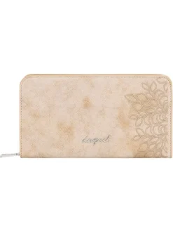 Portefeuille beige avec des motifs floraux et une fermeture à zip