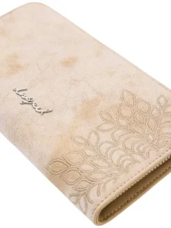 Portefeuille beige avec des motifs floraux et une fermeture à zip