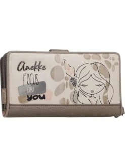 Portefeuille beige imprimé avec une fermeture zippée et un bouton-pression