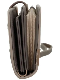 Portefeuille beige imprimé avec une fermeture zippée et un bouton-pression