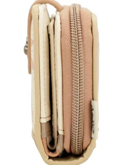 Portefeuille beige imprimé avec une fermeture zippée et un rabat à pression