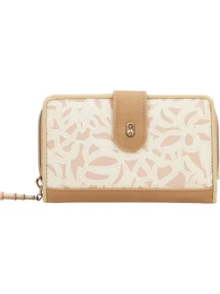 Portefeuille beige imprimé avec une fermeture zippée et un rabat à pression