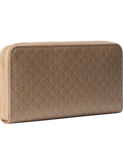 Portefeuille beige à motif monogramme pourvu d'une fermeture zippée