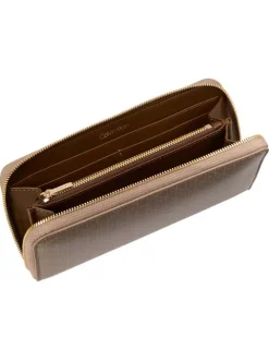 Portefeuille beige à motif monogramme pourvu d'une fermeture zippée