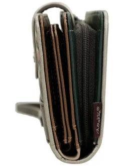 Portefeuille beige orné du logo de la marque avec de multiples rangements
