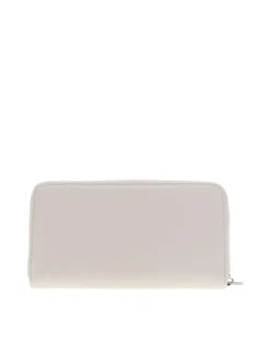 Portefeuille beige uni avec une fermeture zippée et un logo à l'avant