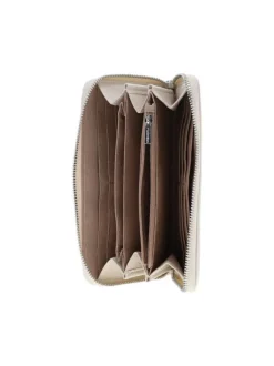 Portefeuille beige uni avec une fermeture zippée et un logo à l'avant