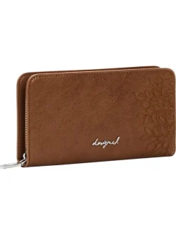 Portefeuille camel avec des motifs floraux et une fermeture à zip