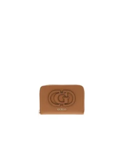Portefeuille camel uni avec une fermeture zippée et un logo en relief