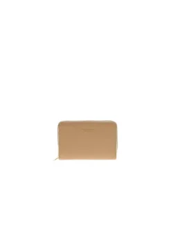 Portefeuille caramel uni avec fermeture zippée et marque embossée
