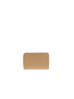Portefeuille caramel uni avec fermeture zippée et marque embossée