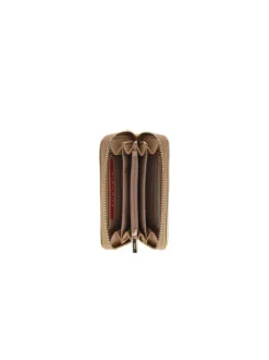 Portefeuille caramel uni avec fermeture zippée et marque embossée