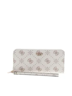 Portefeuille écru à motif monogramme pourvu d'une anse avec mousqueton doré