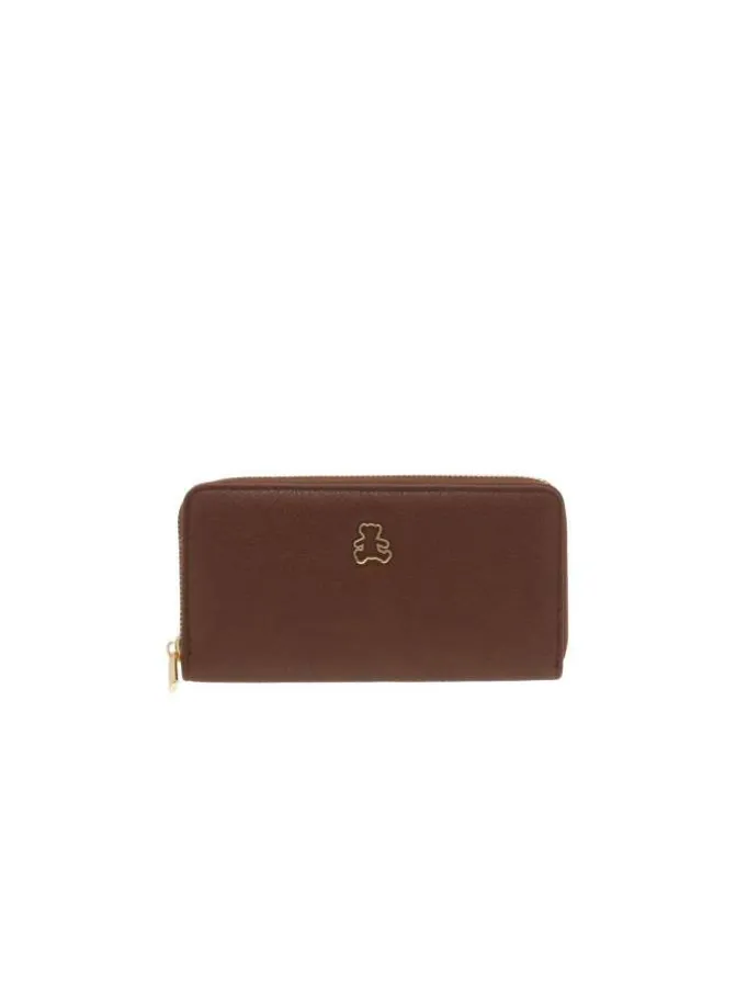 Portefeuille marron uni grainé avec logo métallique doré sur l'avant