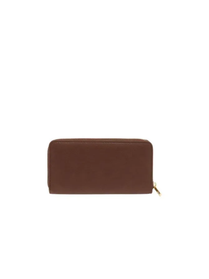 Portefeuille marron uni grainé avec logo métallique doré sur l'avant