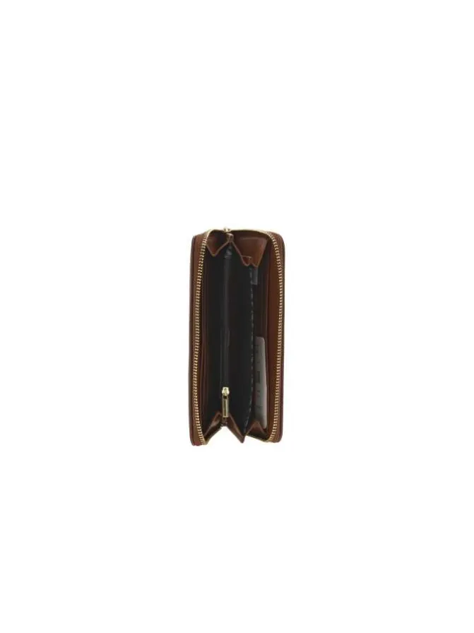 Portefeuille marron uni grainé avec logo métallique doré sur l'avant