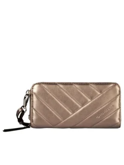 Portefeuille matelassé zippé couvert de tissu bronze satiné brillant