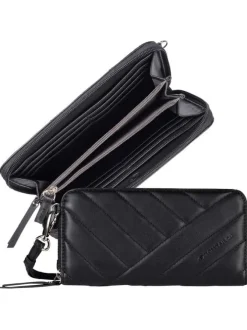 Portefeuille matelassé zippé couvert de tissu noir satiné brillant