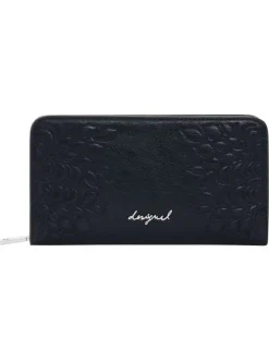 Portefeuille noir avec des motifs floraux et une fermeture à zip