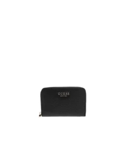 Portefeuille noir uni avec une fermeture zippée dorée et un logo dorée
