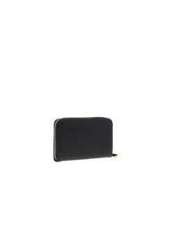 Portefeuille noir uni avec un logo embossé à l'avant et une fermeture zippée