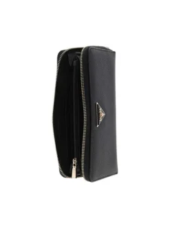 Portefeuille noir uni avec un logo à l'avant et une poche zippée à l'arrière