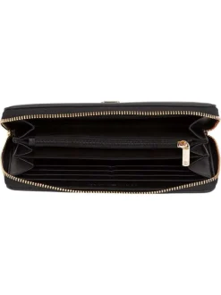 Portefeuille noir uni grainé avec fermeture zippée dorée et monogrammes