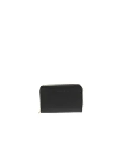 Portefeuille noir uni zippé avec le logo embossé sur l'avant
