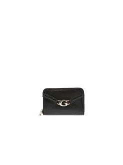 Portefeuille noir vernis fermeture zippée dorée avec un logo métallique