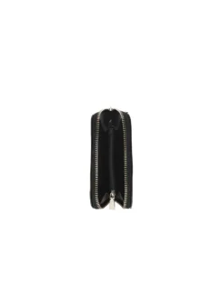 Portefeuille noir vernis fermeture zippée dorée avec un logo métallique