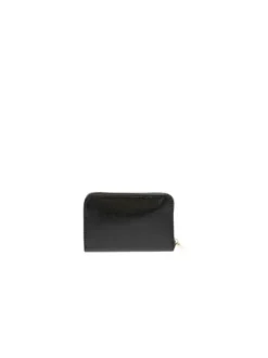 Portefeuille noir vernis fermeture zippée dorée avec un logo métallique