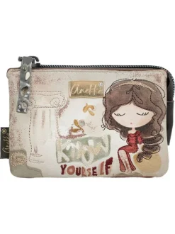 Porte-monnaie beige avec des imprimés et des poches zippées